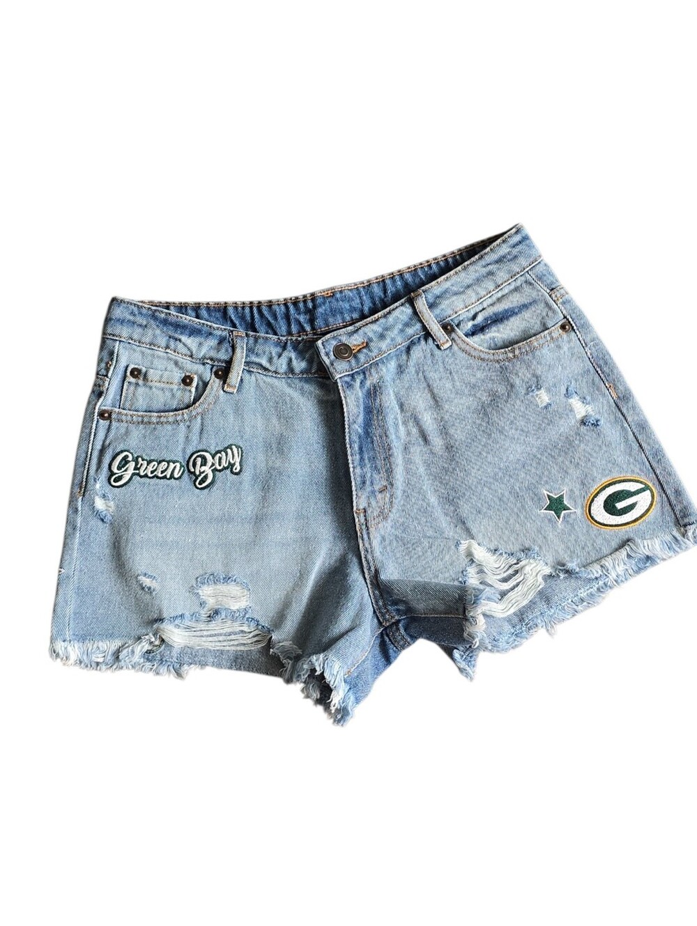 NFL Green Bay Light Blue Distressed Denim Shorts